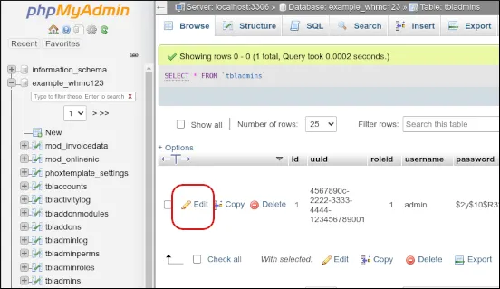 WHMCS - phyMyAdmin - tbladmins table - Edit