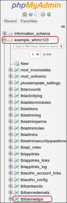 WHMCS - phpMyAdmin - tblbannedips table