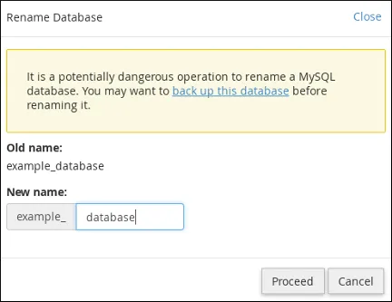 cPanel - MySQL Databases - Rename Database dialog box