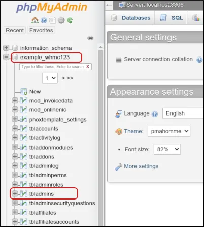WHMCS - phyMyAdmin - tbladmins table