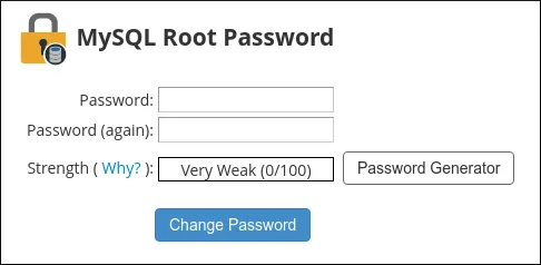 WebHost Manager - MySQL Root Password page