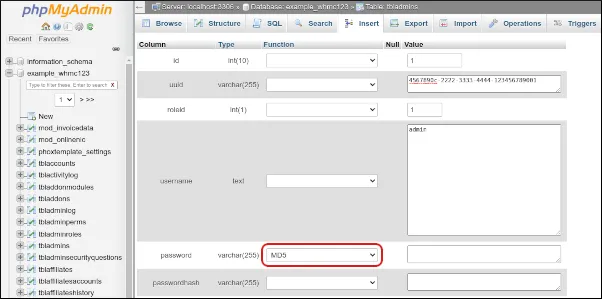 WHMCS - phyMyAdmin - tbladmins table - Edit function