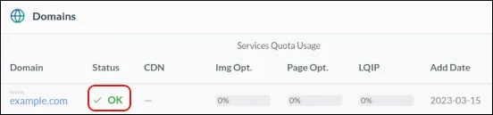 QUIC.cloud dashboard - Status OK